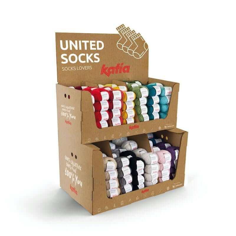 United Socks - mini sock yarn balls by Katia - Color: 1 - Fawn brown, 2 - Rust, 3 - Camel, 4 - Beige, 5 - Off white, 6 - White, 7 - Stone grey, 8 - Medium grey, 9 - Dark grey, 10 - Black, 11 - Dark blue, 12 - Jeans, 13 - Pearl black berry, 14 - Rose, 15 - Fuchsia, 16 - Rouge bourgogne, 17 - Rouge, 18 - Strawberry red, 19 - Mustard, 20 - Pistachio, 21 - Khaki, 22 - Moss green, 23 - Green blue, 24 - Water blue