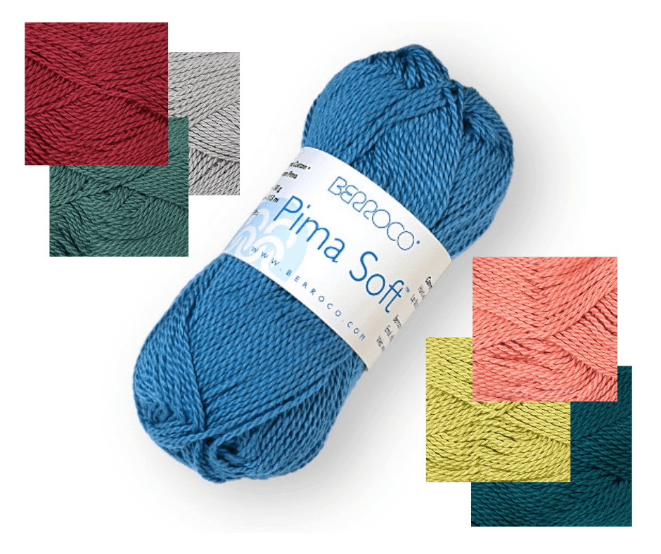 Berroco - Pima Soft - Color: 4600 Daisy, 4602 Chiffon, 4604 Sand Dollar, 4608 Ice, 4610 Crepe, 4612 Rouge, 4618 Artic, 4621 Slate, 4625 Aegean, 4630 Ocean, 4631 Shortbread, 4632 Cantaloupe, 4635 Midnight, 4639 Basil, 4640 Cherry, 4641 Navy