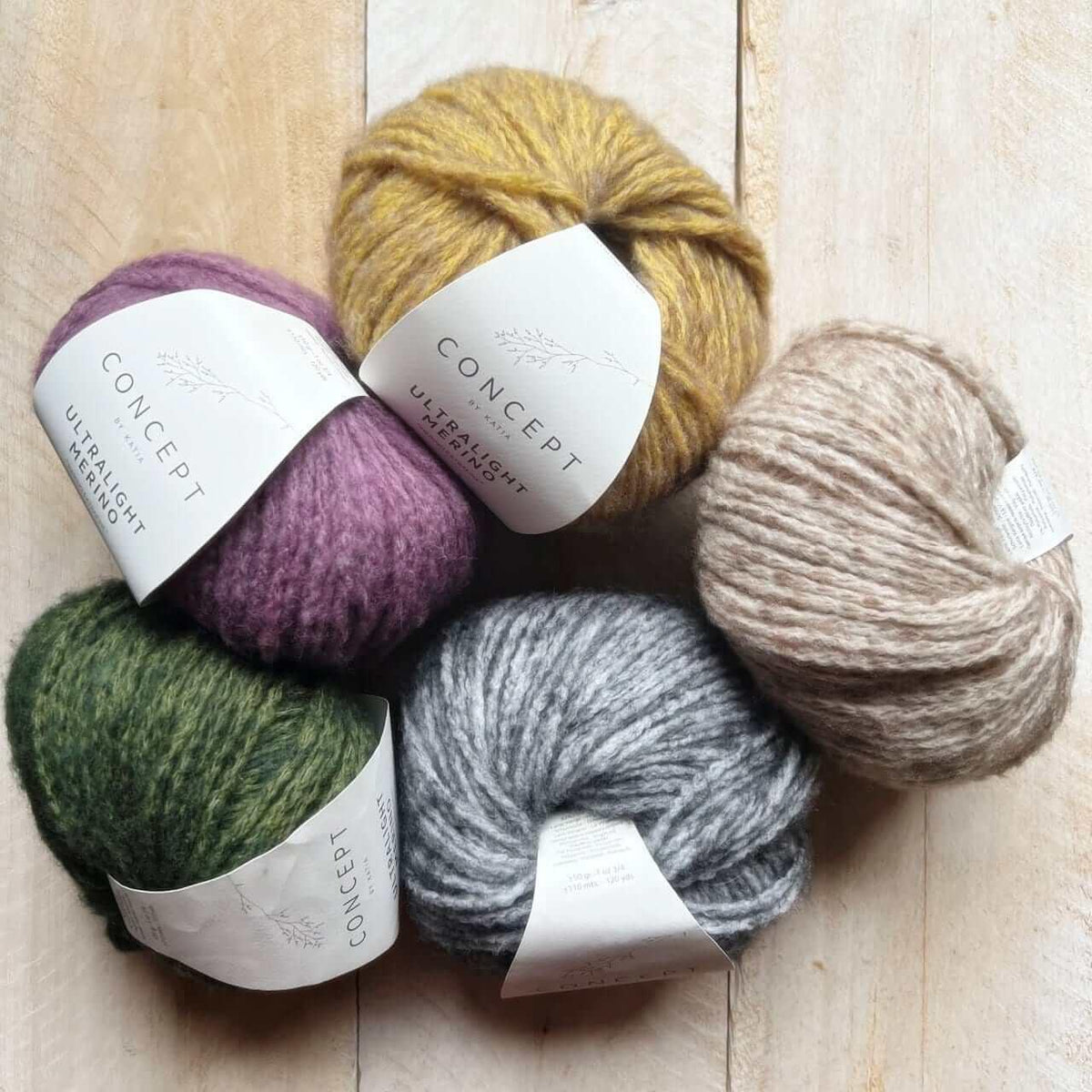 Ultra Light Merino - Katia - Color: 55 - Beige, 56 - Green, 57 - Ochre Fawn Brown, 60 - Green-Black, 61 - Grey, 63 - Stone Grey, 67 - Dark Lilac, 69 - Rose