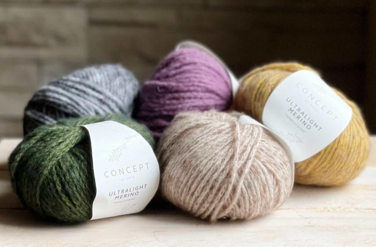 Ultra Light Merino - Katia - Color: 55 - Beige, 56 - Green, 57 - Ochre Fawn Brown, 60 - Green-Black, 61 - Grey, 63 - Stone Grey, 67 - Dark Lilac, 69 - Rose