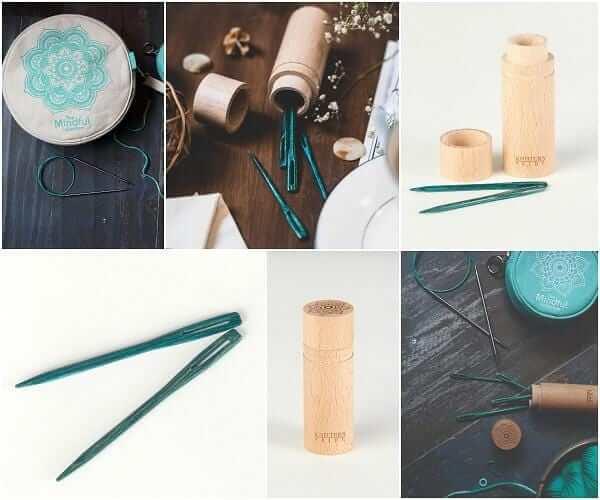 Knitter's Pride 'The Mindful Collection' Teal Wooden Darning Needles in Beech Wood Container - Les Laines Biscotte Yarns